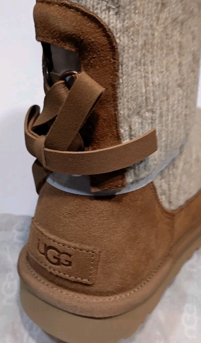 Women’s UGG Classic Mini Cabelle Chestnut Suede/Knit Boot Sz 8.0 UntouchedNewBox