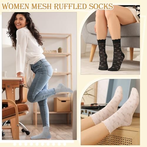6 Pairs Women’s Ruffle Socks Casual Cotton Black White Beige Pink Gray Blue