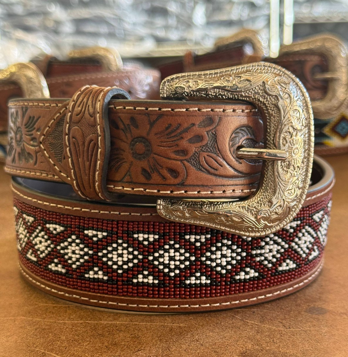 Handmade Beaded Western Cowboy Belt 1.7 Inch Tooled Leather Silver Buckle