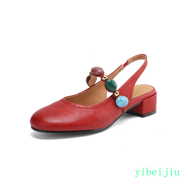 Women’s Low Heel Slingback Real Leather Sandals Stone Comfort Casual Shoes Boho