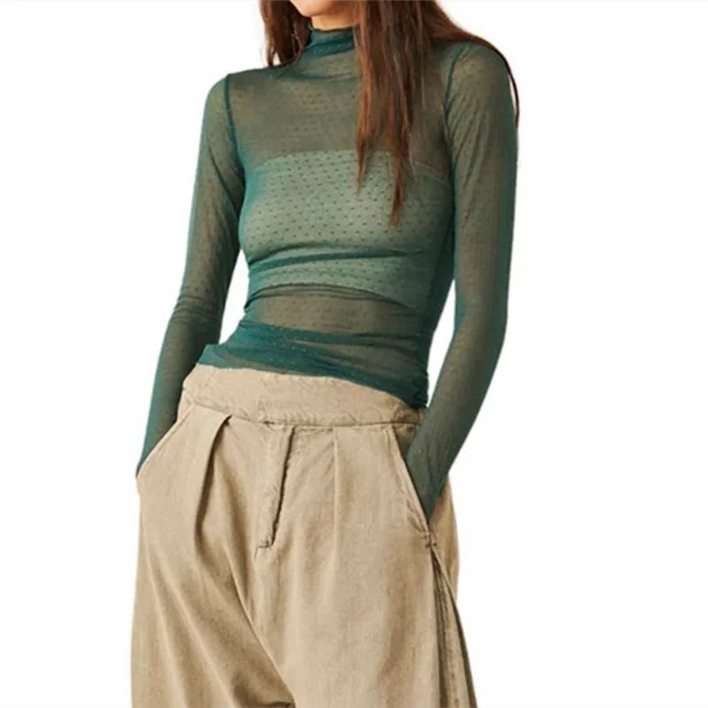 Women Sheer Mesh T-Shirts Mock Neck Long Sleeve Crop Tops Retro See Through