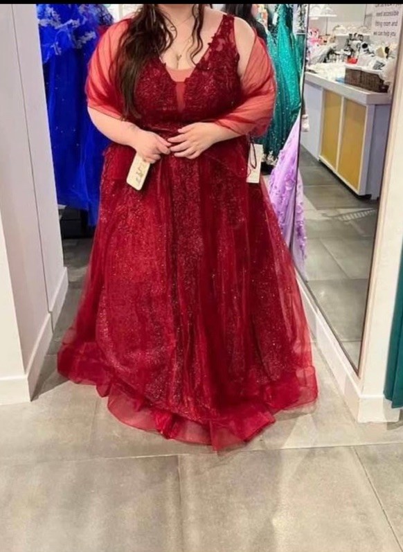 Women’s Plus 4XL Red Glitter Tulle V-Neck Short Sleeve Long Formal Gown