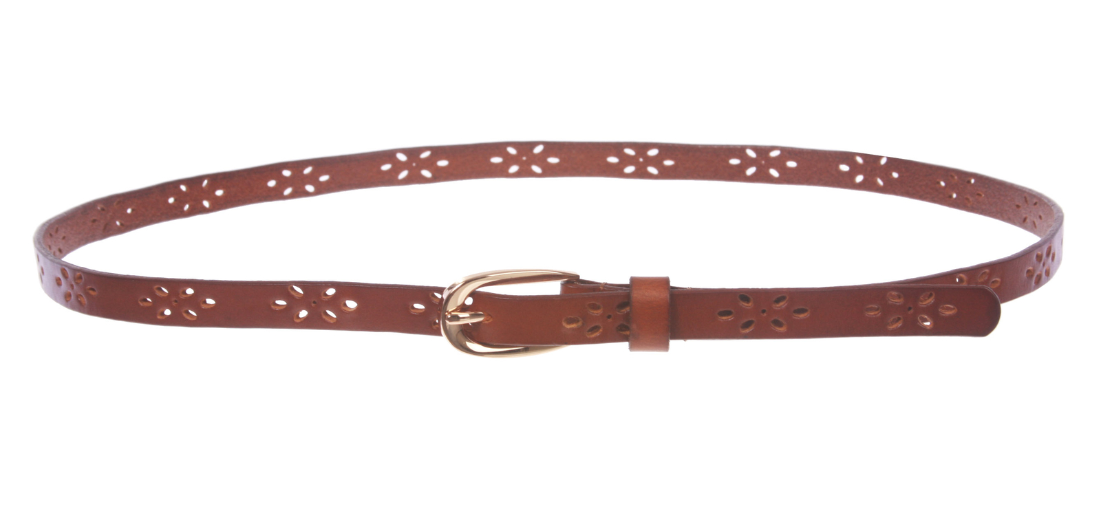 Skinny Perforated Floral Hollow Out One Piece Cowhide Full Grain Leather Bel