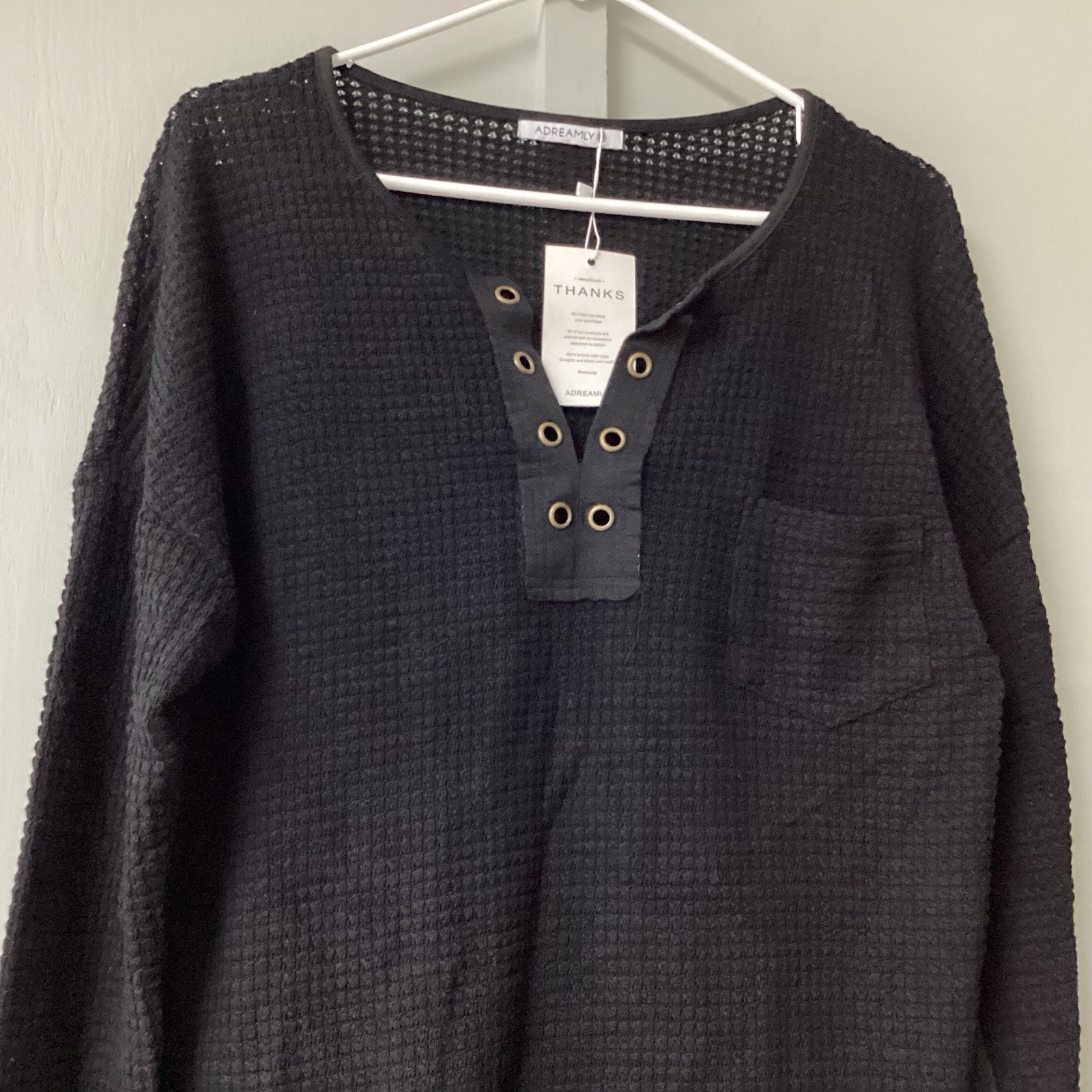 ADREAMLY Black Semi-Sheer Blouse Women’s Size Medium Waffles Studs Hole Knit New