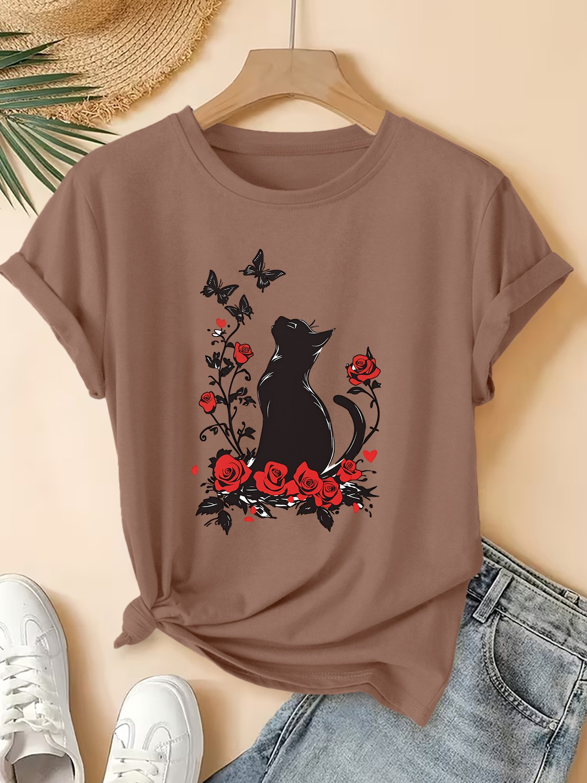 Summer Women’S Round Neck Short Sleeve T-Shirt Cat Butterfly Print Casual Top▧