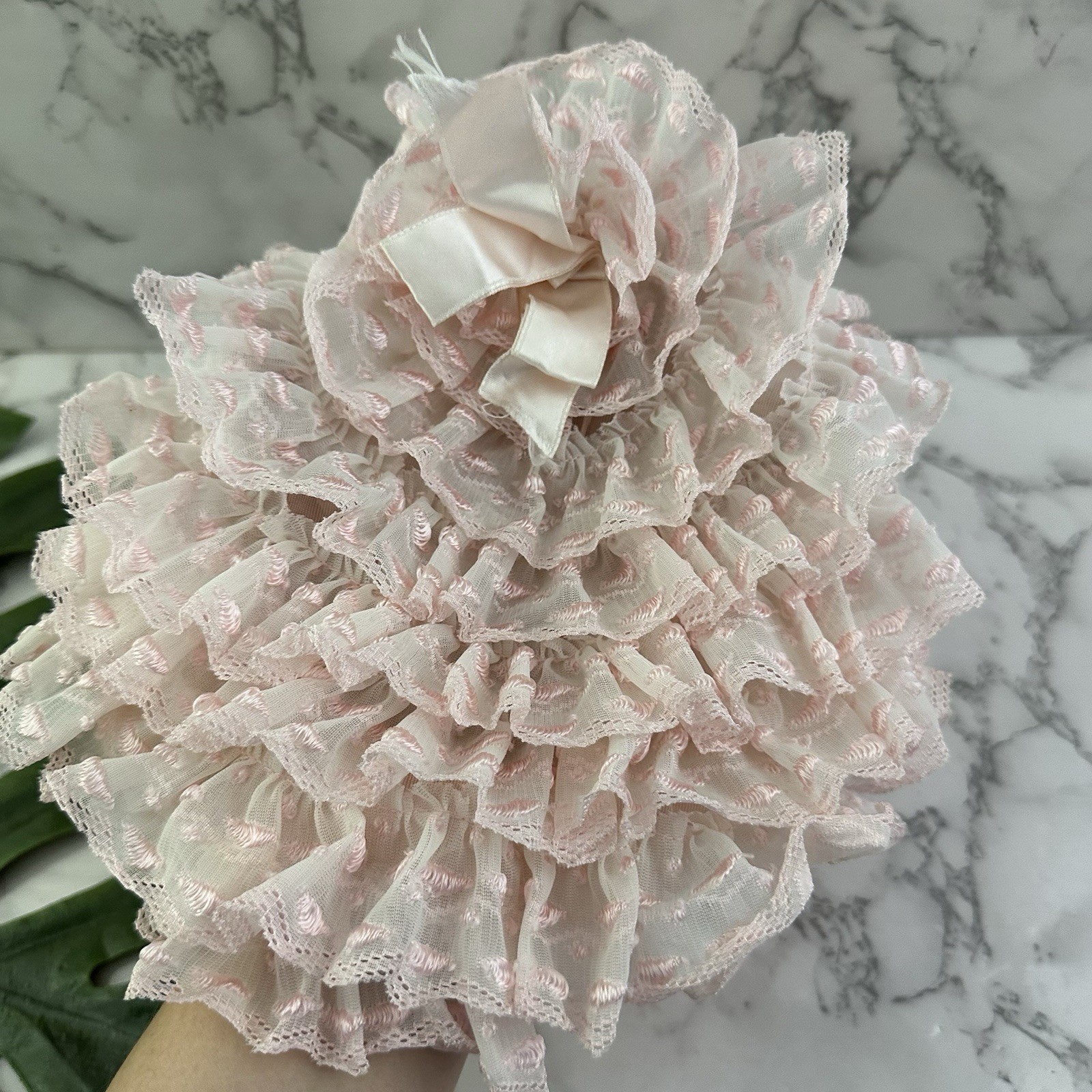 Vintage 60s Ruffle Bonnet Night Cap Hat One Size Pastel Pink Lace Frills