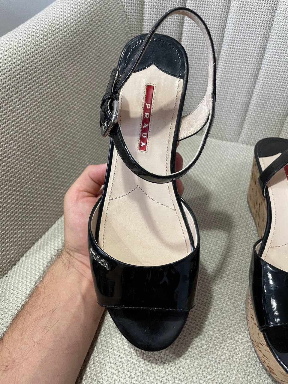 Prada Black Patent Leather and Cork Wedge Sandals Size IT 37 US 7