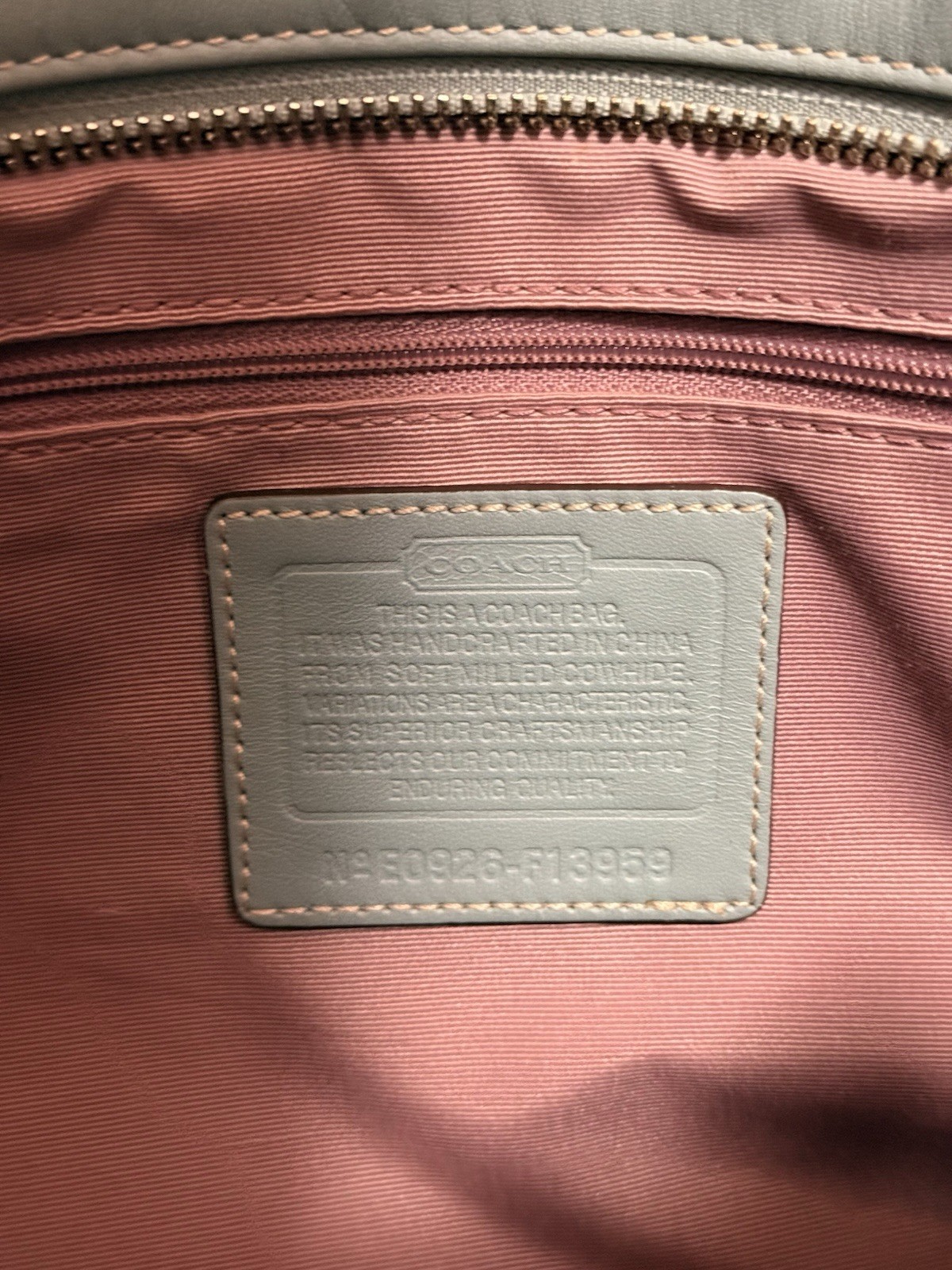 Coach Light Blue Pebbled Tote Zip Top Turn Lock Pink Lining, Charm, Medium