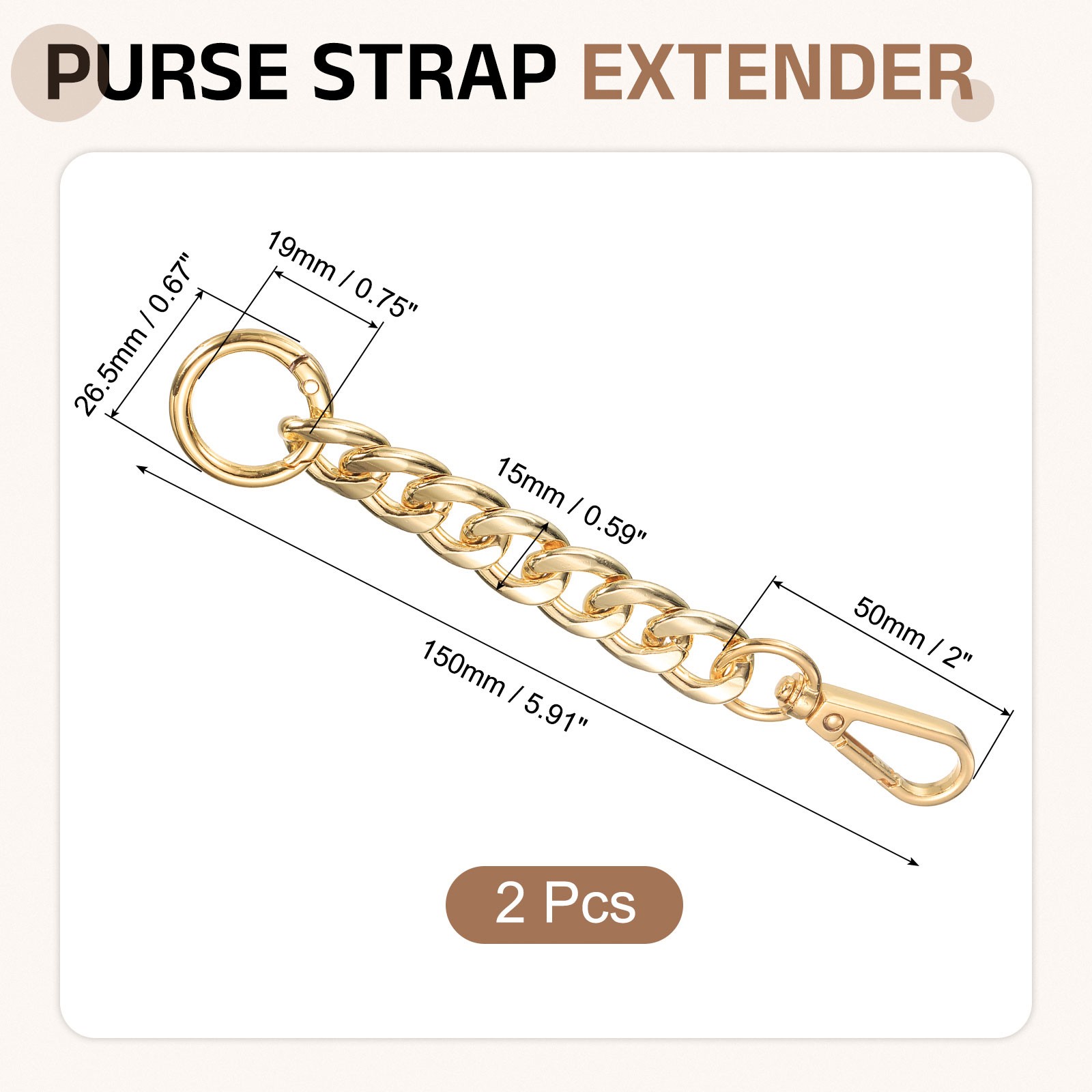2Pcs Purse Strap Extender 5.9-Inch Bag Extender Chain Light Gold 0.6 Width