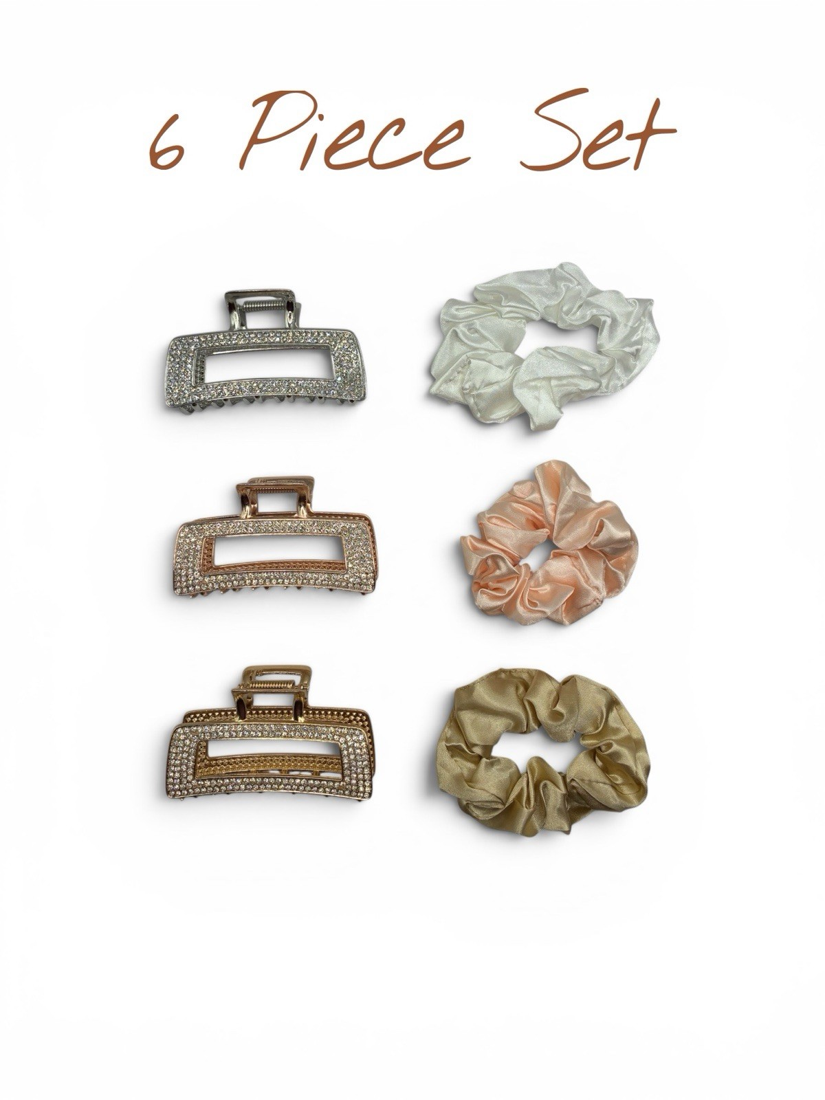 Rhinestone Rectangle Non-Slip Hair Clip & Scrunchie Set – 6 Piece Multicolor