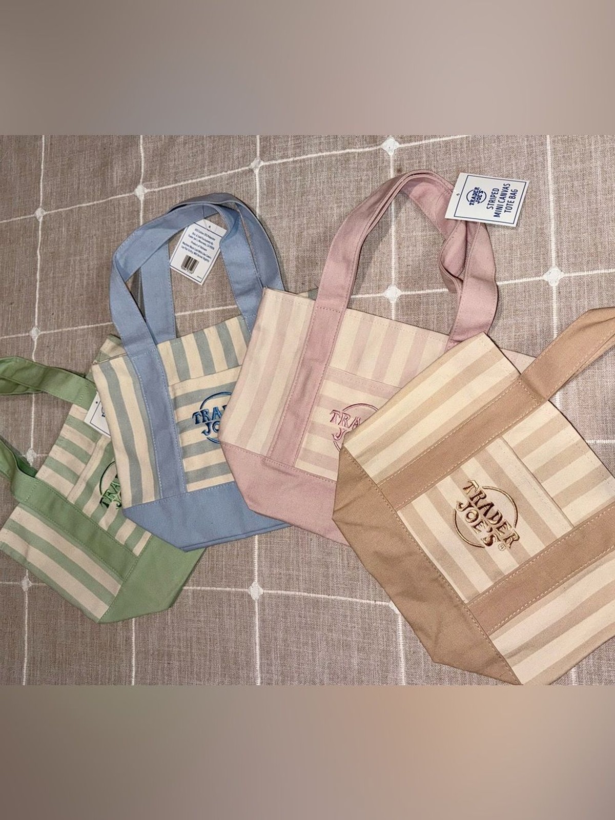 TRADER JOES MINI STRIPE TOTE BAGS PASTEL COLORS BUNDLE OF 4!!