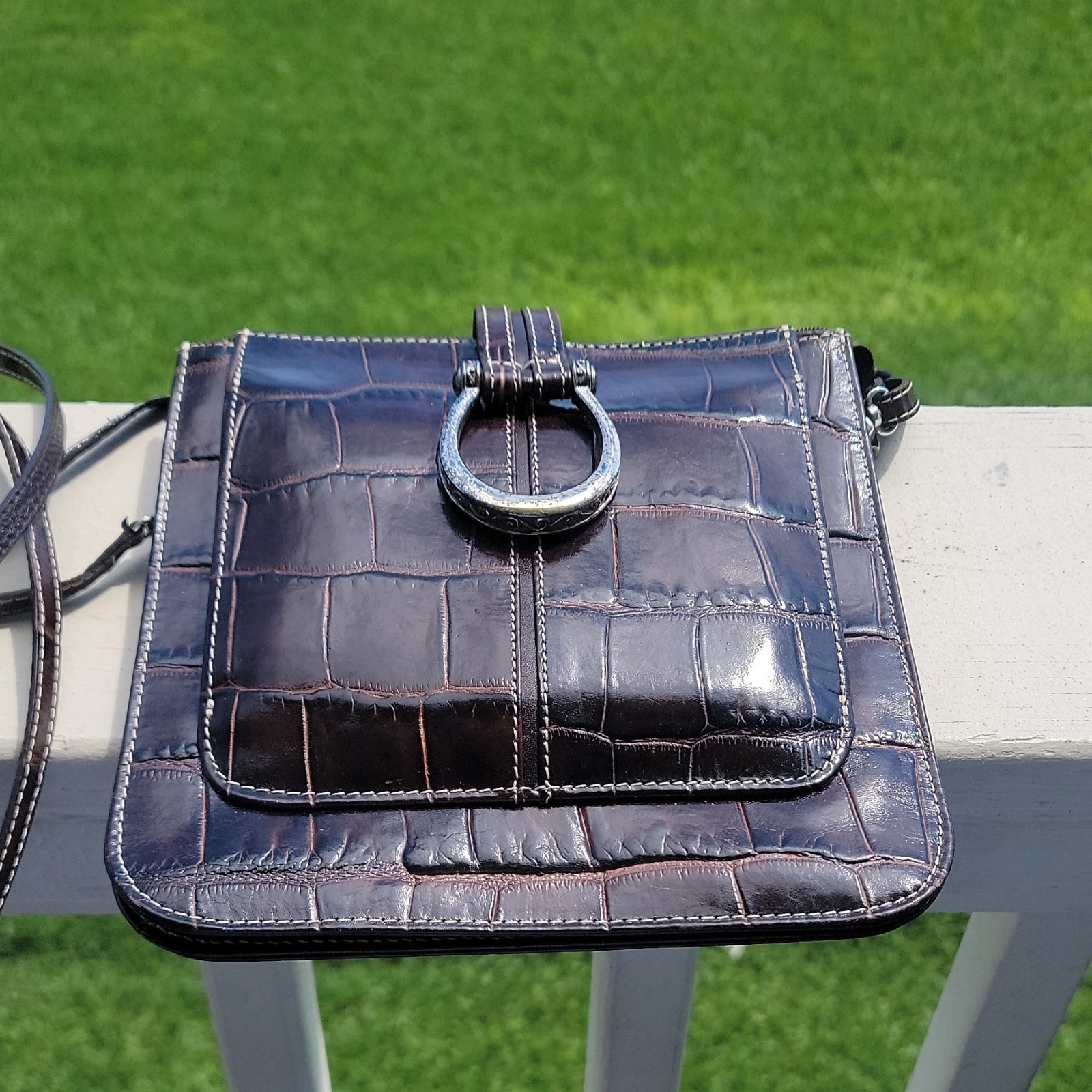 Brighton Brown Croc Embossed Ring Crossbody Bag Detachable Strap Silver
