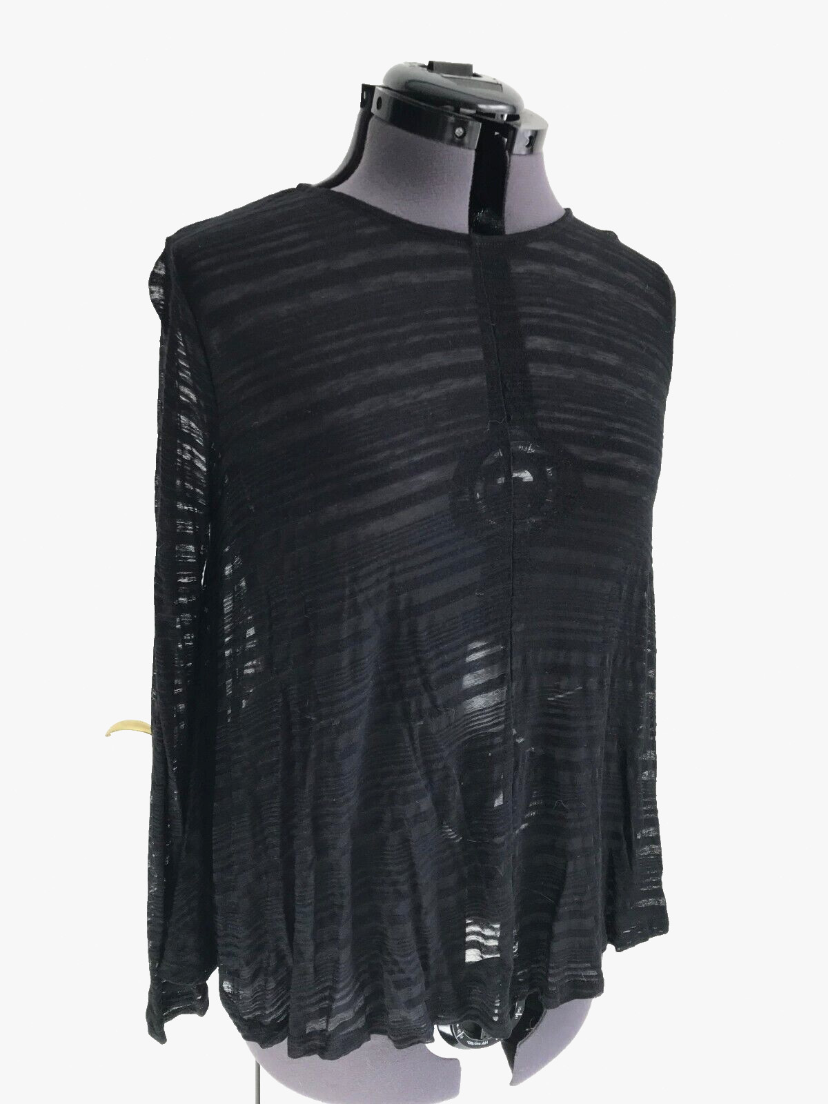 Old Navy Sheer/Semi-Sheer Black Striped Flared Top Long Sleeved, Size: Med Tall