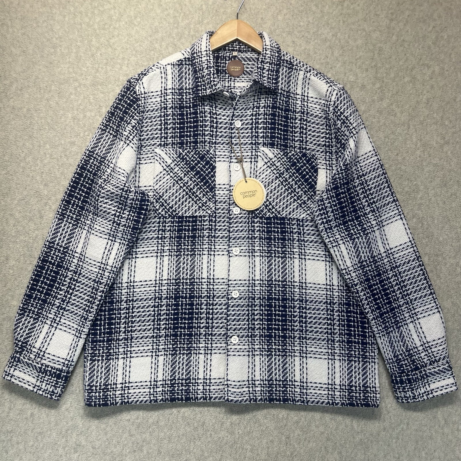 Common People Men’s Navy White Check Overshirt Jacket Button Front Size L NWT