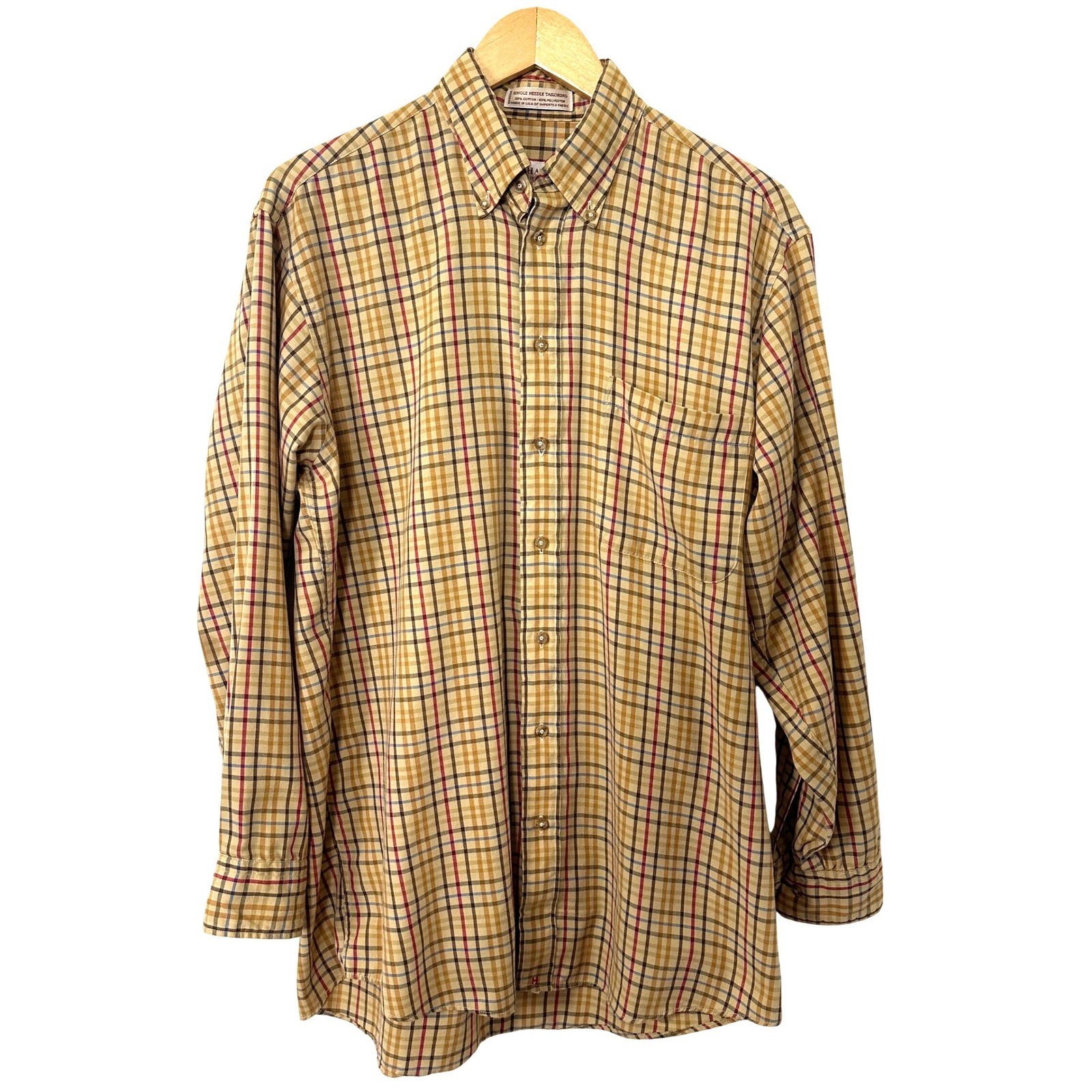 VTG 90s Hathaway Country Plaid Button Down Shirt Tan Brown Tattersall M USA