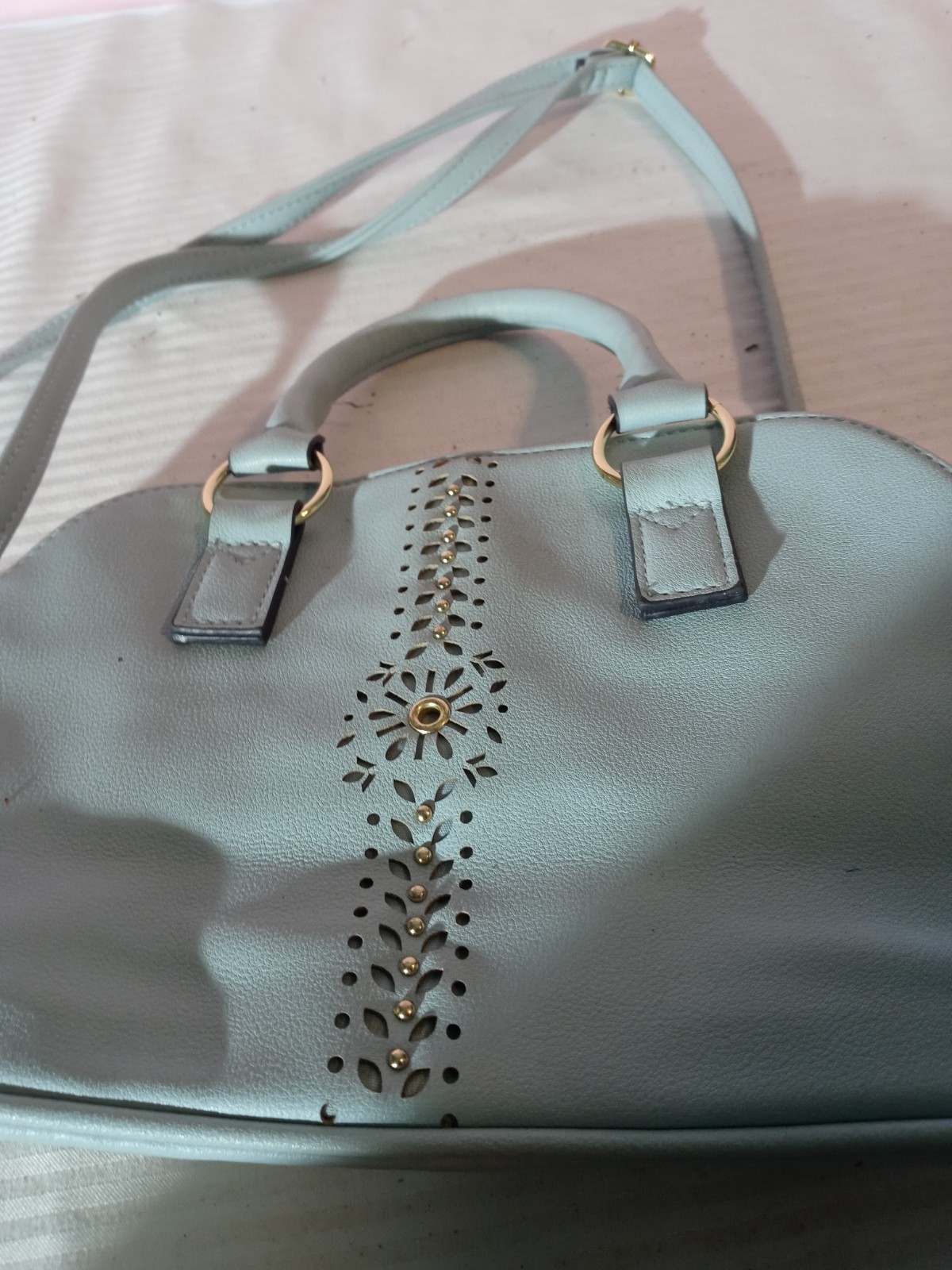 Light Blue Satchel Top Handle Bag Zip Closure Gold Hardware Strap Pockets Studs