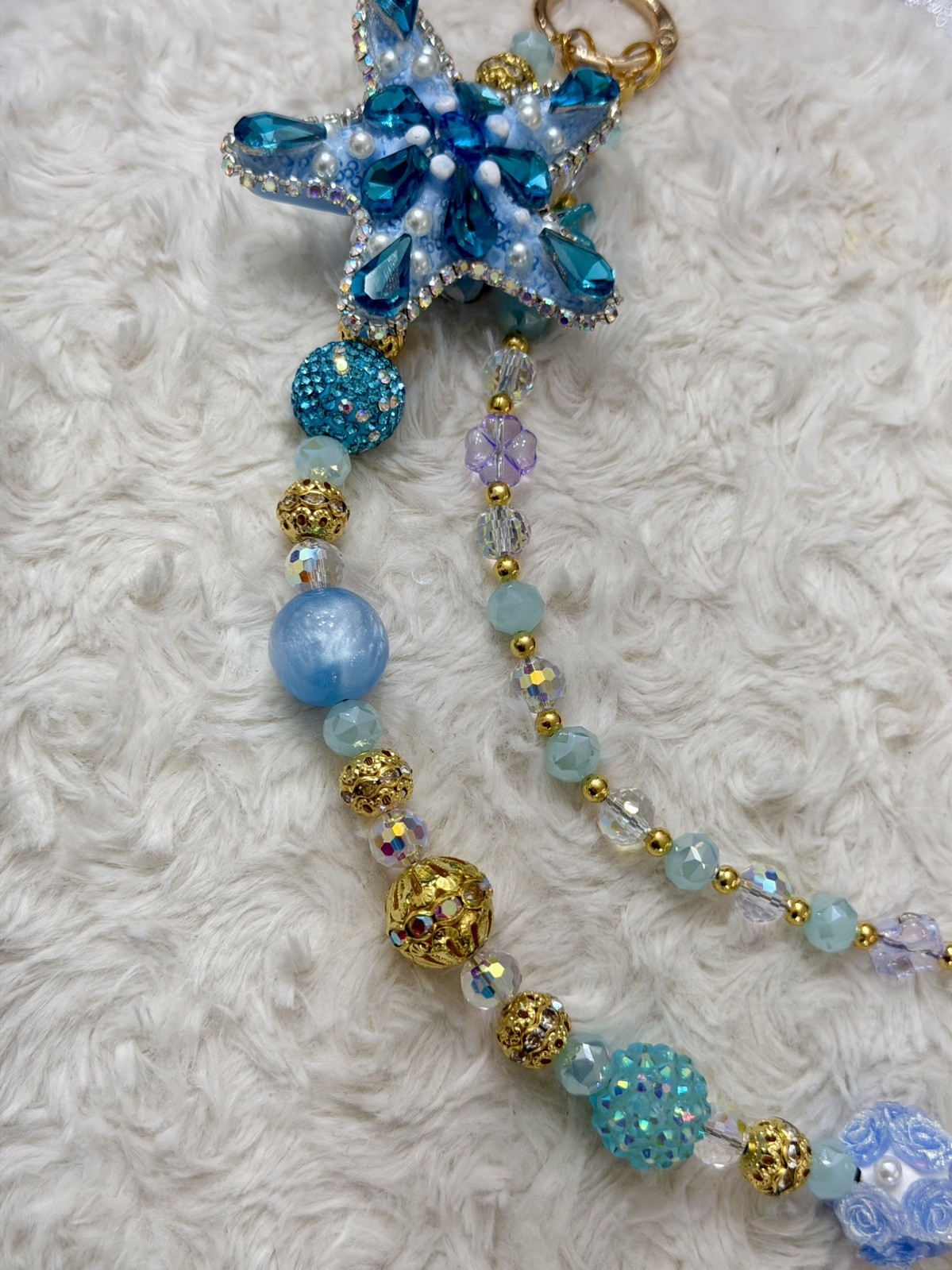 Crystal Light Blue and Gold Starfish Handbag and Keychain Charm