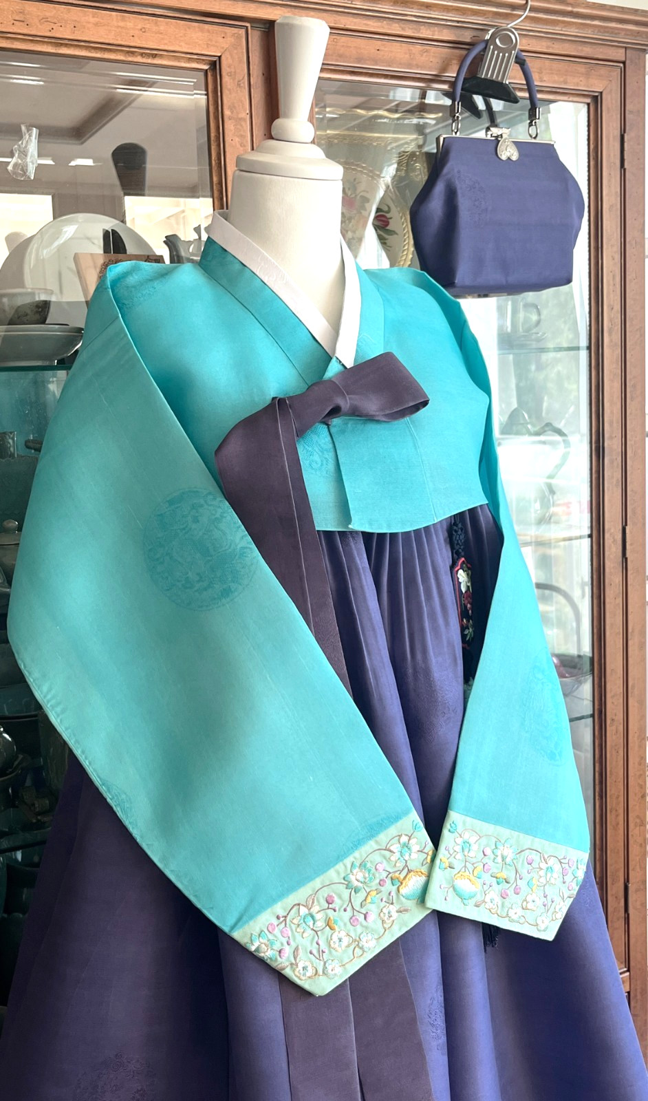 Premium Silk Traditional Korean Hanbok Dress–Mint & Purple / Petticoat /Hand bag
