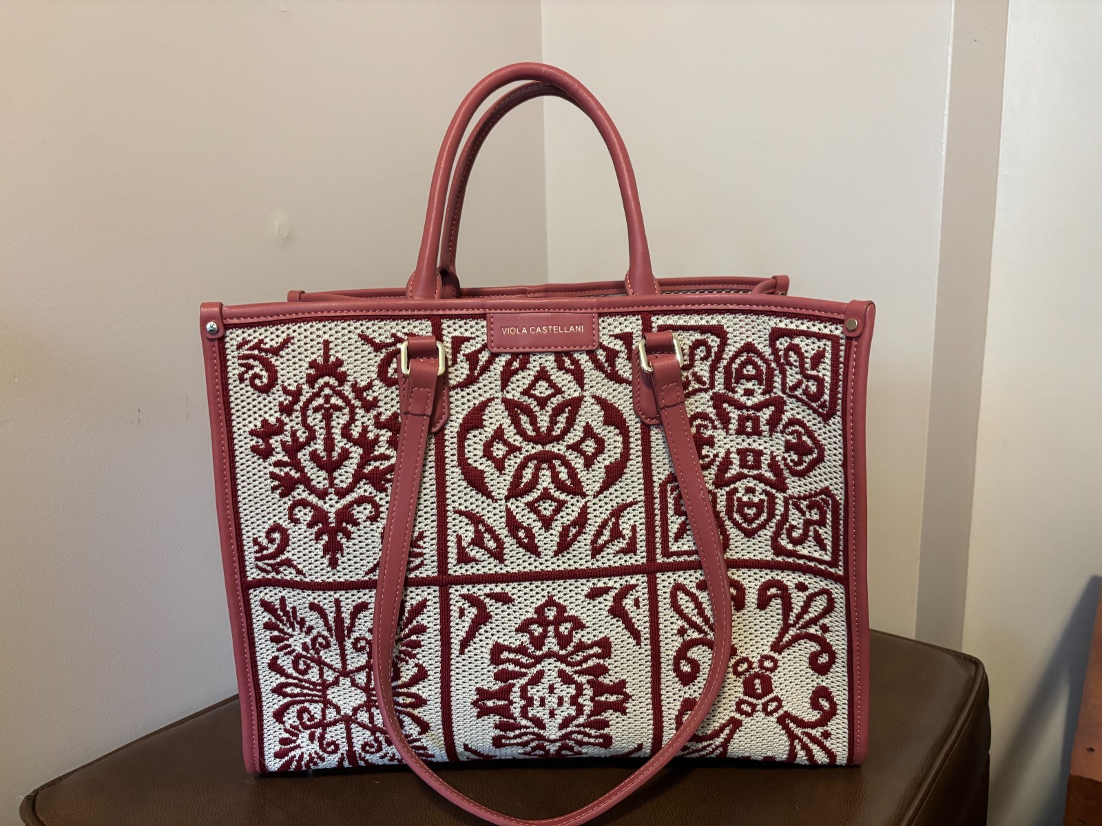 Viola Castellani Woven Fabric Leather Women Tote Shoulder Bag Burgandy Color