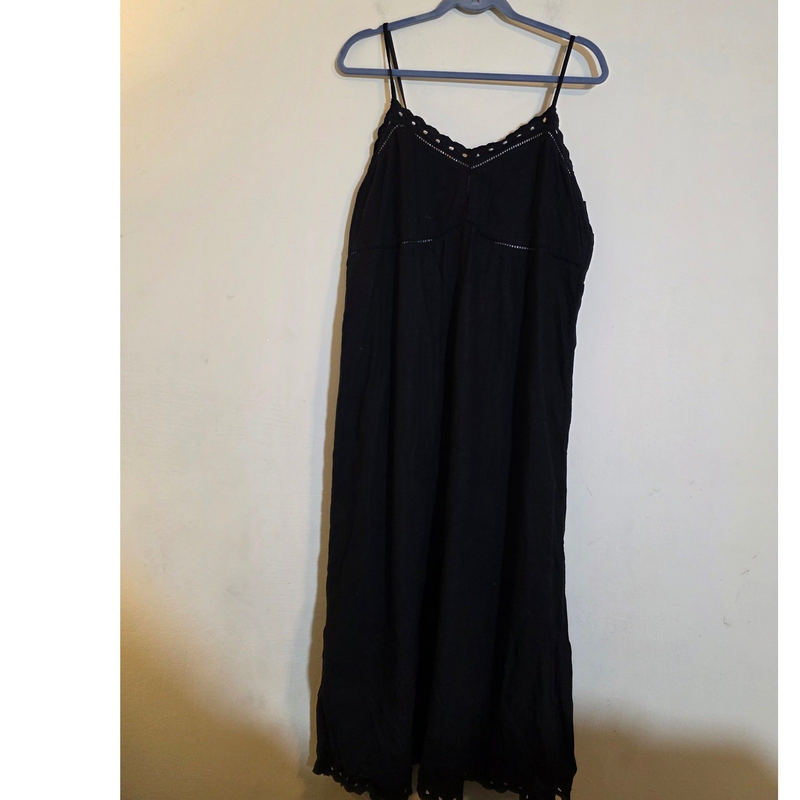 Old Navy Black Linen Blend Eyelet Hem Midi Slip Dress XL Smocked Back SP24/M04
