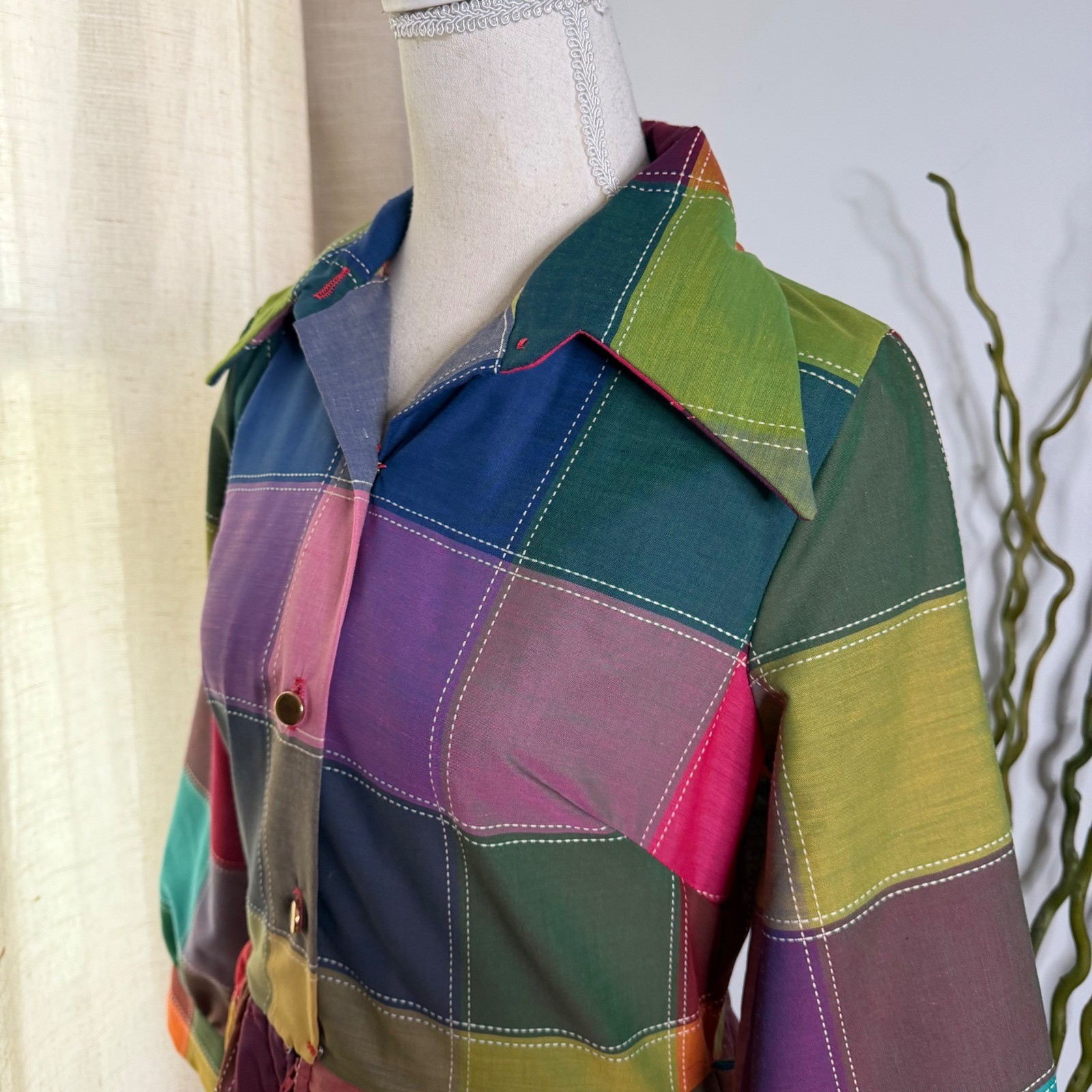 60s/70s Vintage Penneys Loungewear Quilted Rainbow Patchwork Maxi Dress Robe S