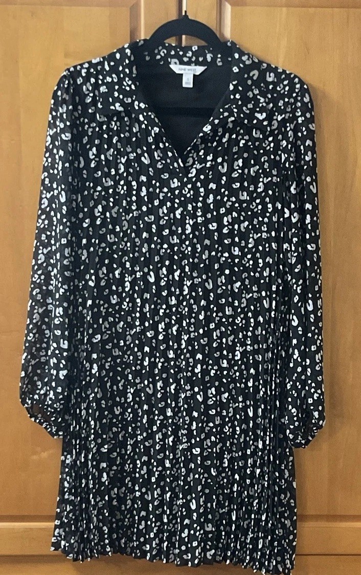 Nine West Black & White Animal Print Pleated Collared Chiffon Dress S 🌵🪸
