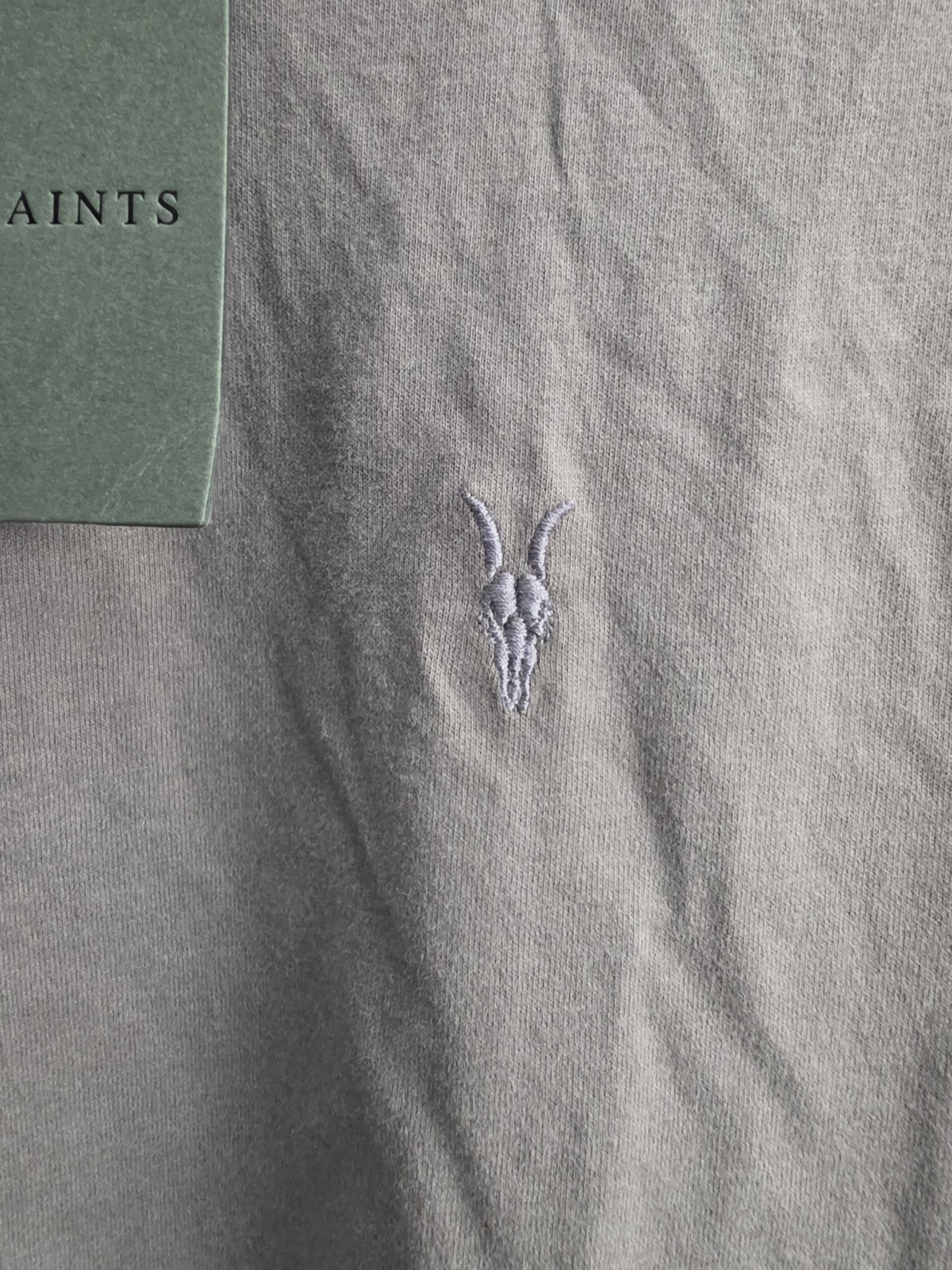 AllSaints Brace SS Crew Putty Brown Tee Mens Sz L Ramskull Logo Regular Fit