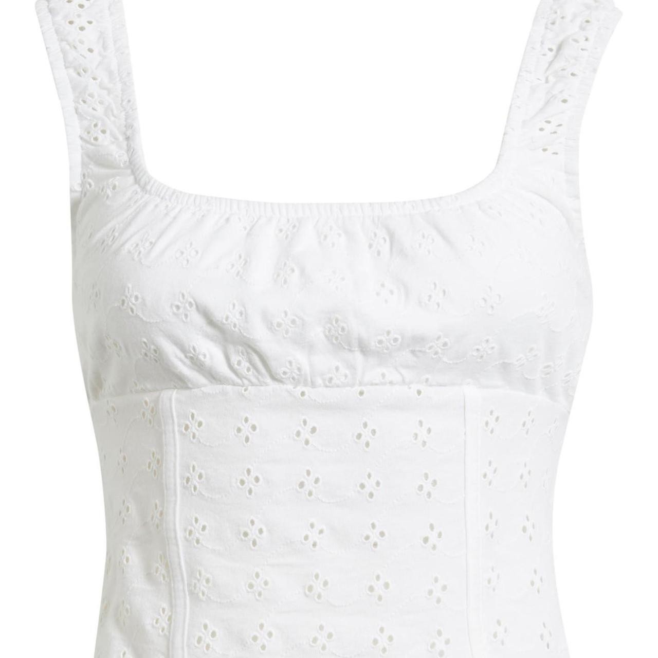 Women’s White Cotton Woven Eyelet Square Neck Sleeveless Wide Strap Tank