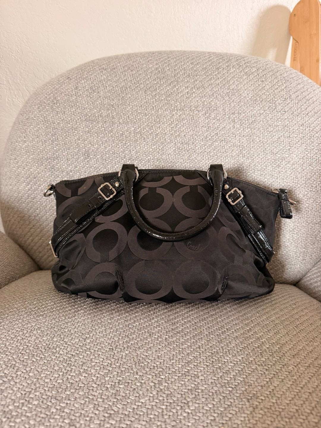 Coach Madison Black Signature Op Art Sophia Satchel with Patent Leather Trim