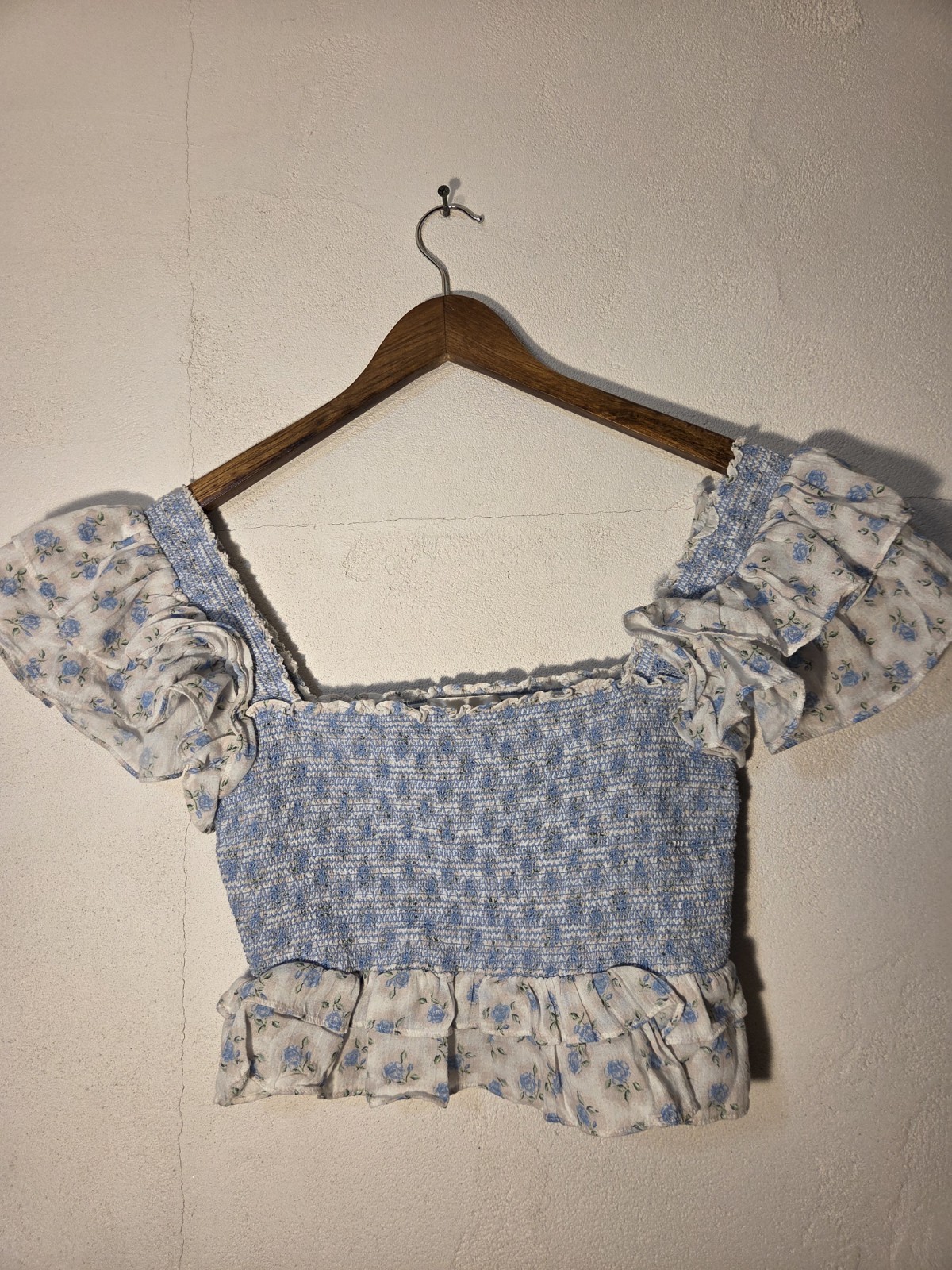 LoveShackFancy Blue Floral Smocked Crop Top Puff Sleeve Size S