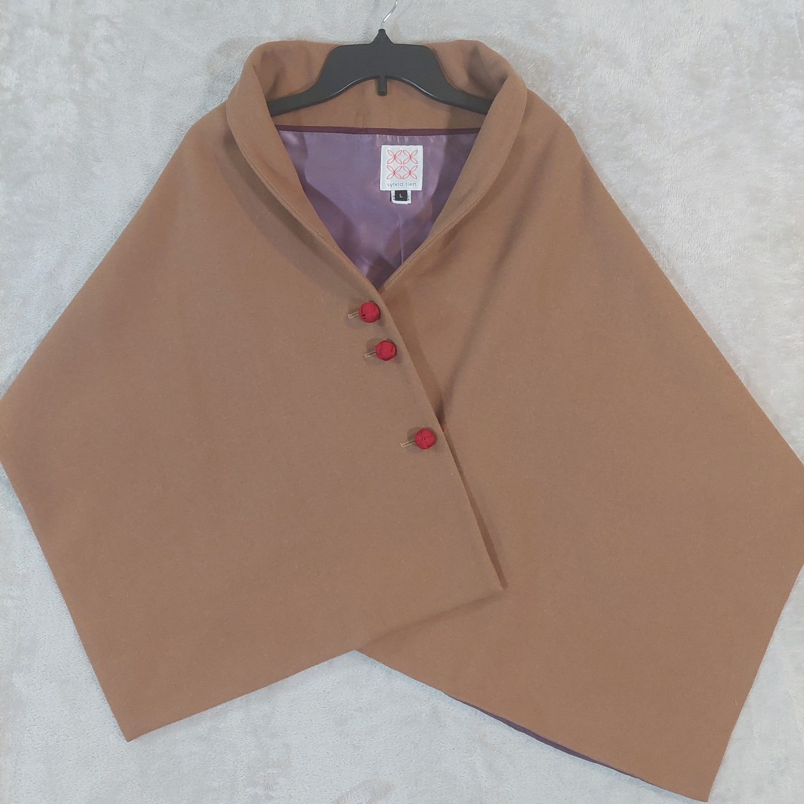 Sylvia Lien Wool Cape Wrap Womens Large Camel Tan Red Toggle Button Made in USA