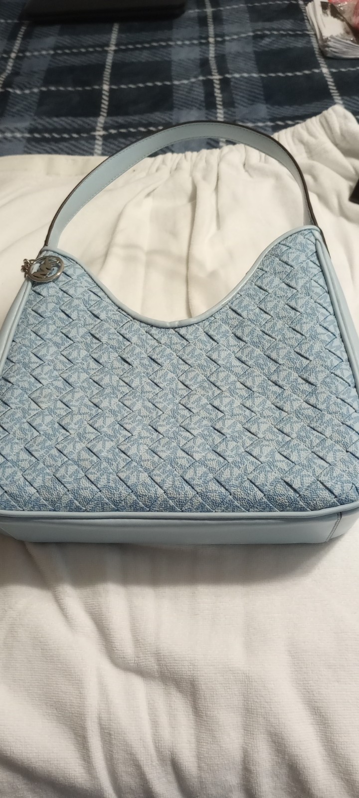 Michael Kors Nayla Small Woven Signature Logo Hobo Shoulder Bag Pale Ocean