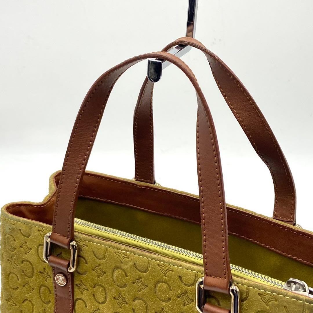 Celine Macadam Suede Leather Handbag Khaki Brown Japan Excellent 0610785