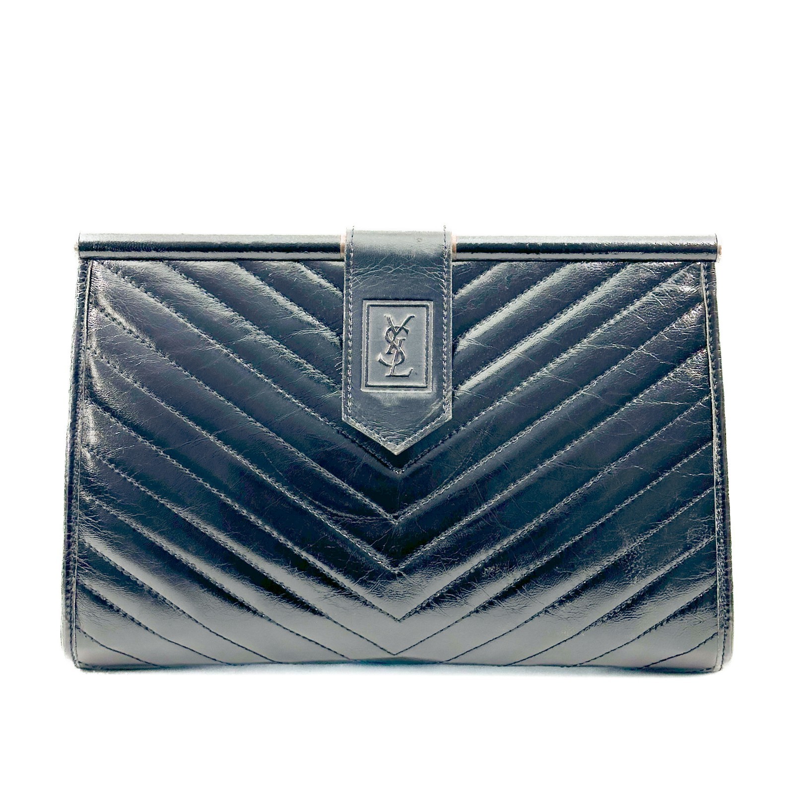 Yves Saint Laurent Black Leather Clutch Bag V stitch YSL Purse Vintage Authentic
