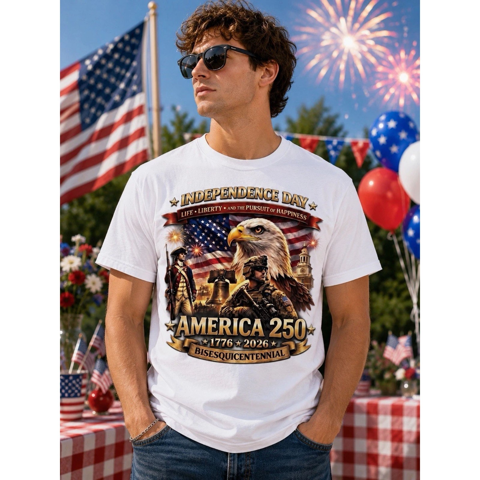 4th of July Tee, 250 Years of Freedom 1776-2026 Patriotic Eagle T-Shirt USA Flag