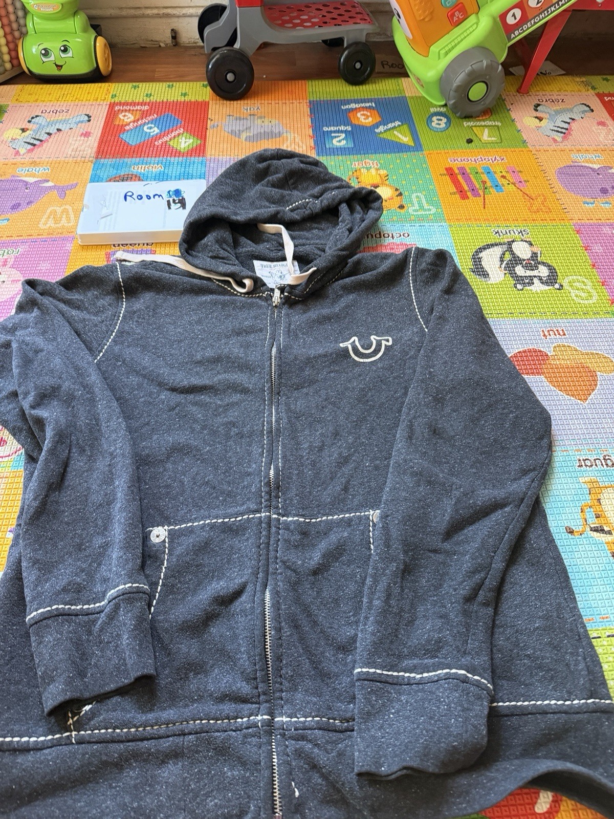 True Religion Men Gray Zip Up Jacket Hoodie Sz XL Buddha Logo Contrast Stitching