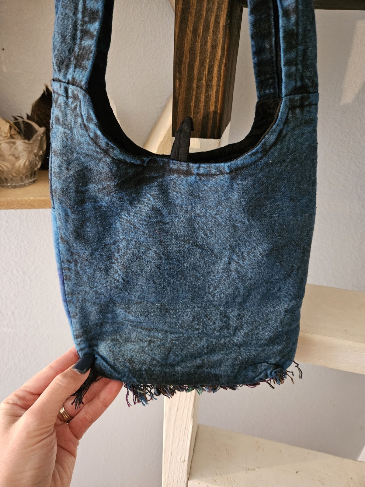 NWT The Collection Royal Boho Peace Sign Crossbody Bag Fringed Nepal Cotton Blue
