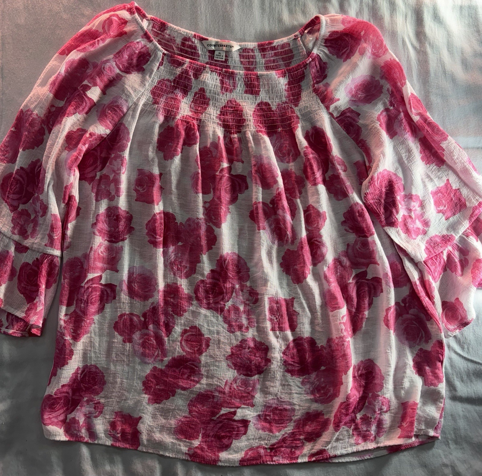 Counterparts Blouse Womens XL Pink Paisley Floral Pintuck V-Neck 3/4 Sleeve