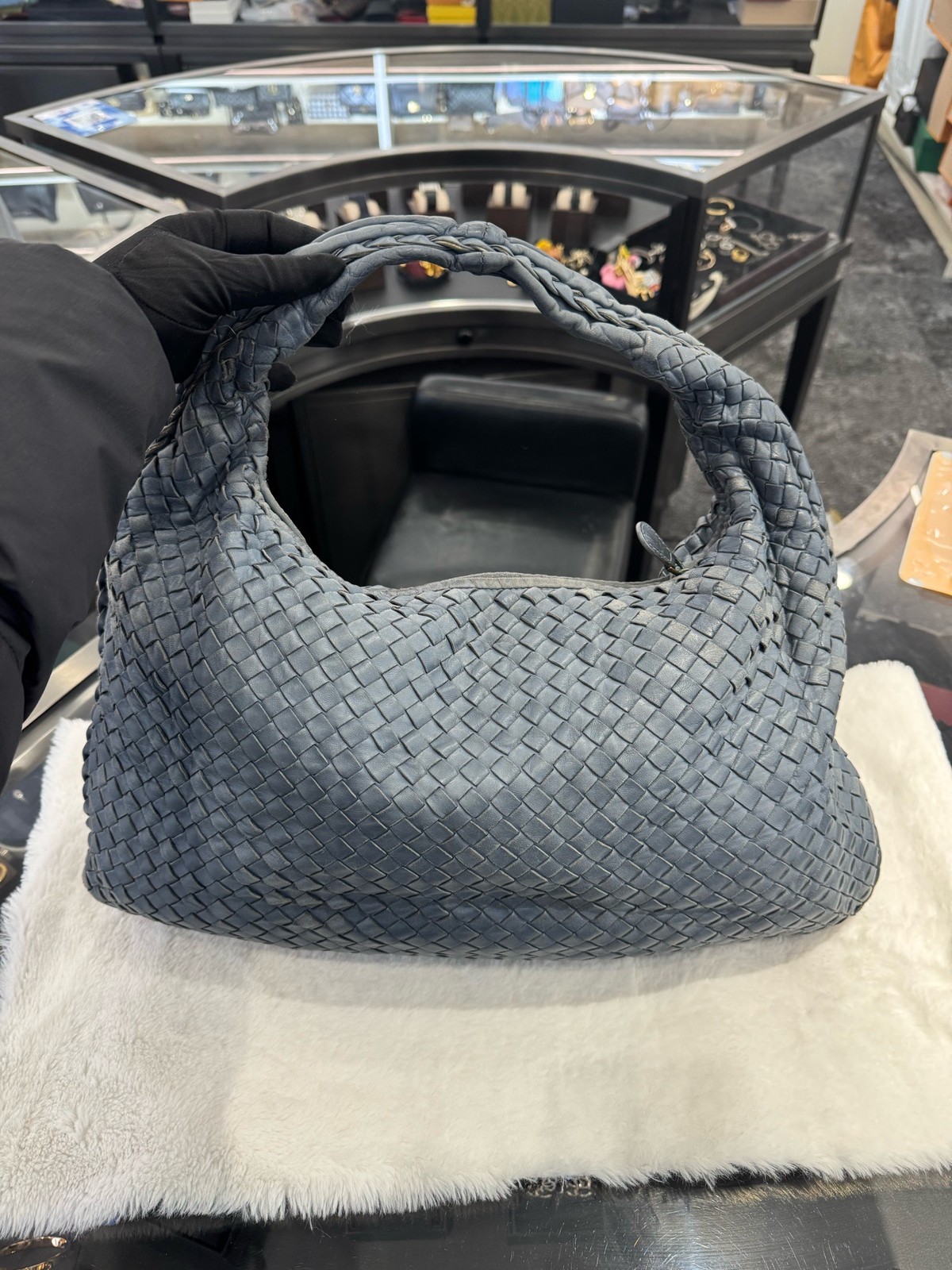 Bottega Veneta Jodie Intrecciato Sheepskin Shoulder Bag Slate Blue Auth