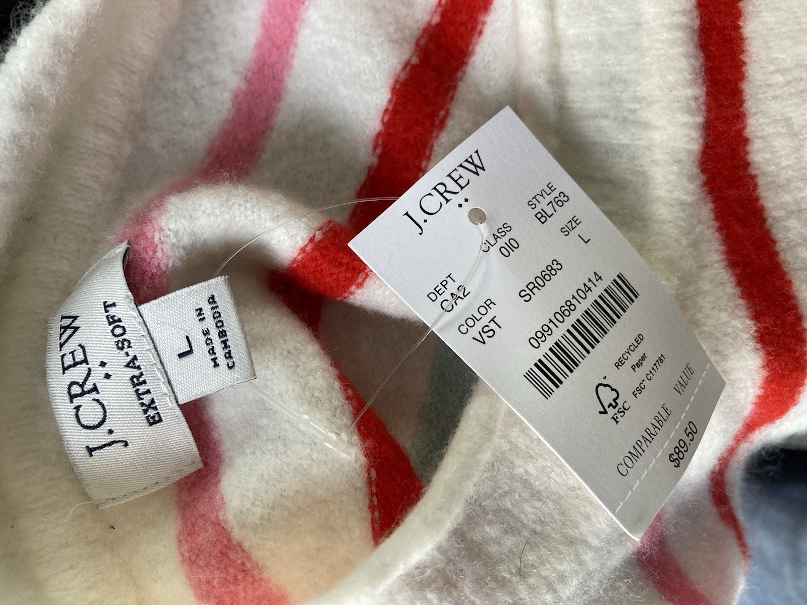 J Crew Extra Soft Striped Knit Cozy Sweater Size Large L Ivory Pink Blue NEW NWT