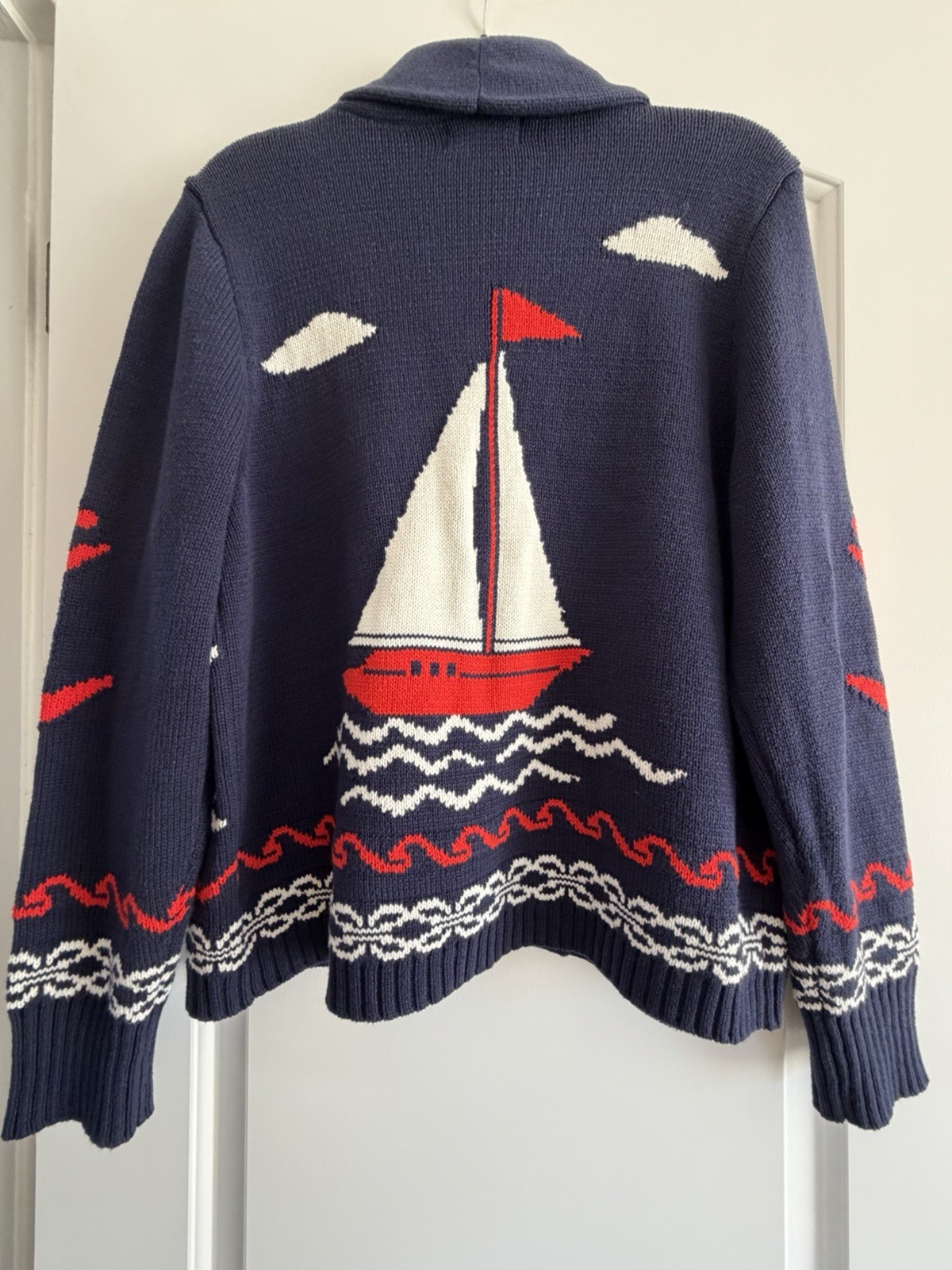 Marled Nautical Navy Knit Cardigan Sweater Shawl Collar Long Sleeve Size M