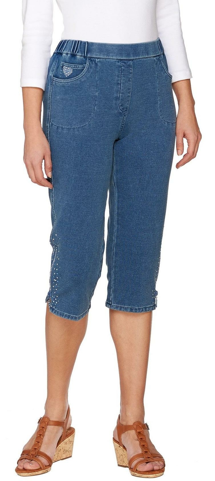Quacker Factory DreamJeannes Knit Capri Pants W/ Zipper & Rhinestones- Denim XXS