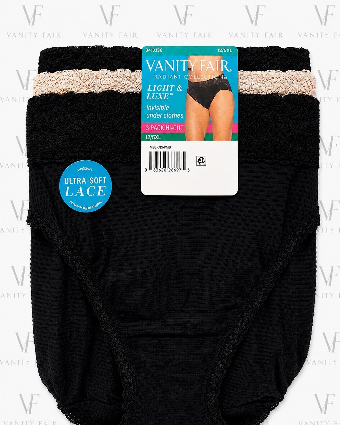 New Vanity Fair Radiant Collection Light & Luxe Hi-Cut Panties 3 Pack, Size 5XL