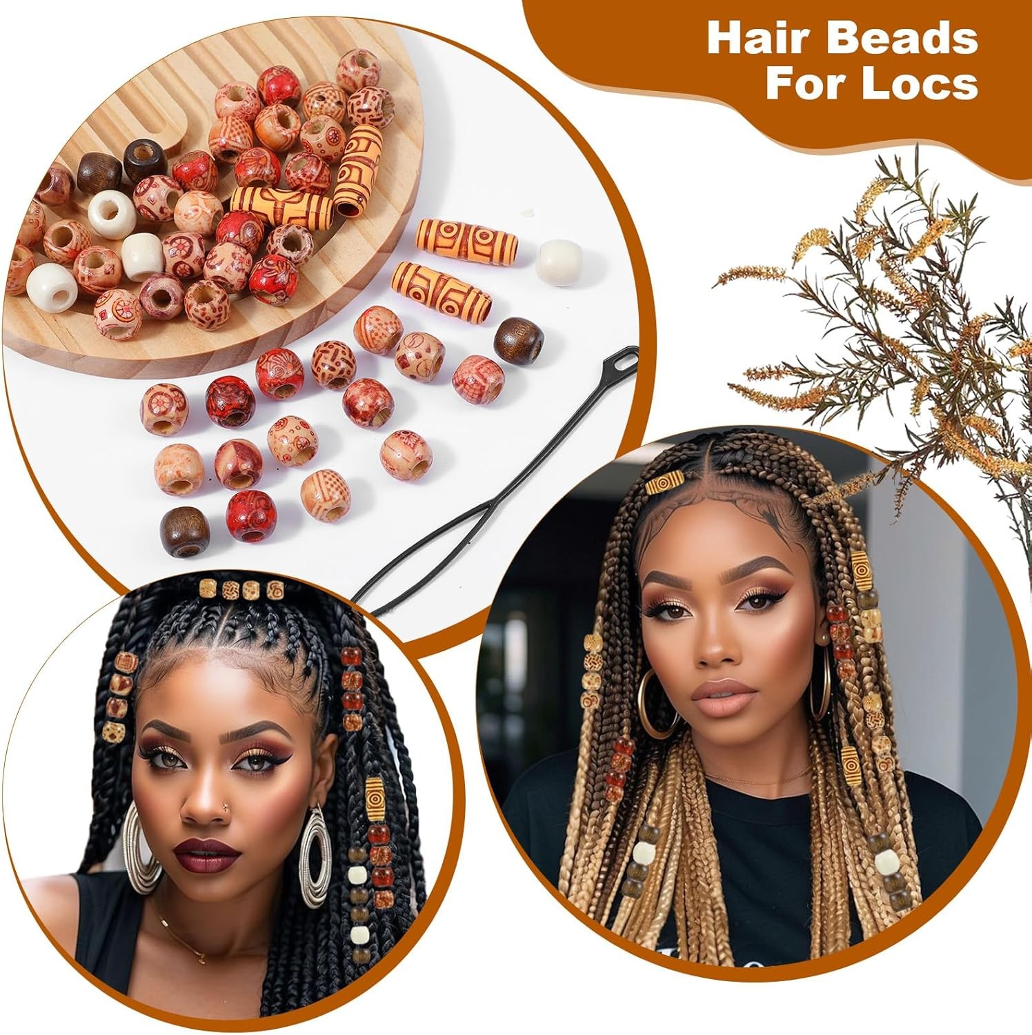 60 Pcs Wooden Hair Beads Dreadlock Braids Charms DIY Accessories for Hair