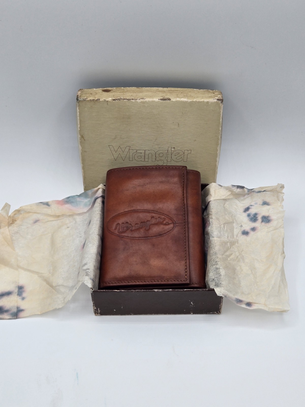 Vintage Wrangler Genuine Leather Trifold Wallet Brown w/ Box USA Made NOS