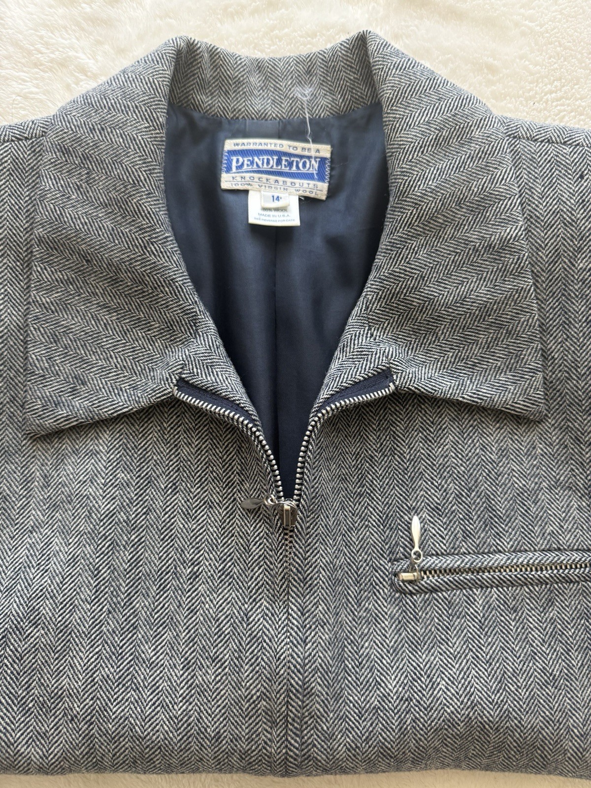Pendleton Knockabouts Women’s Gray Herringbone Wool Zip Jacket Lined Pockets 14
