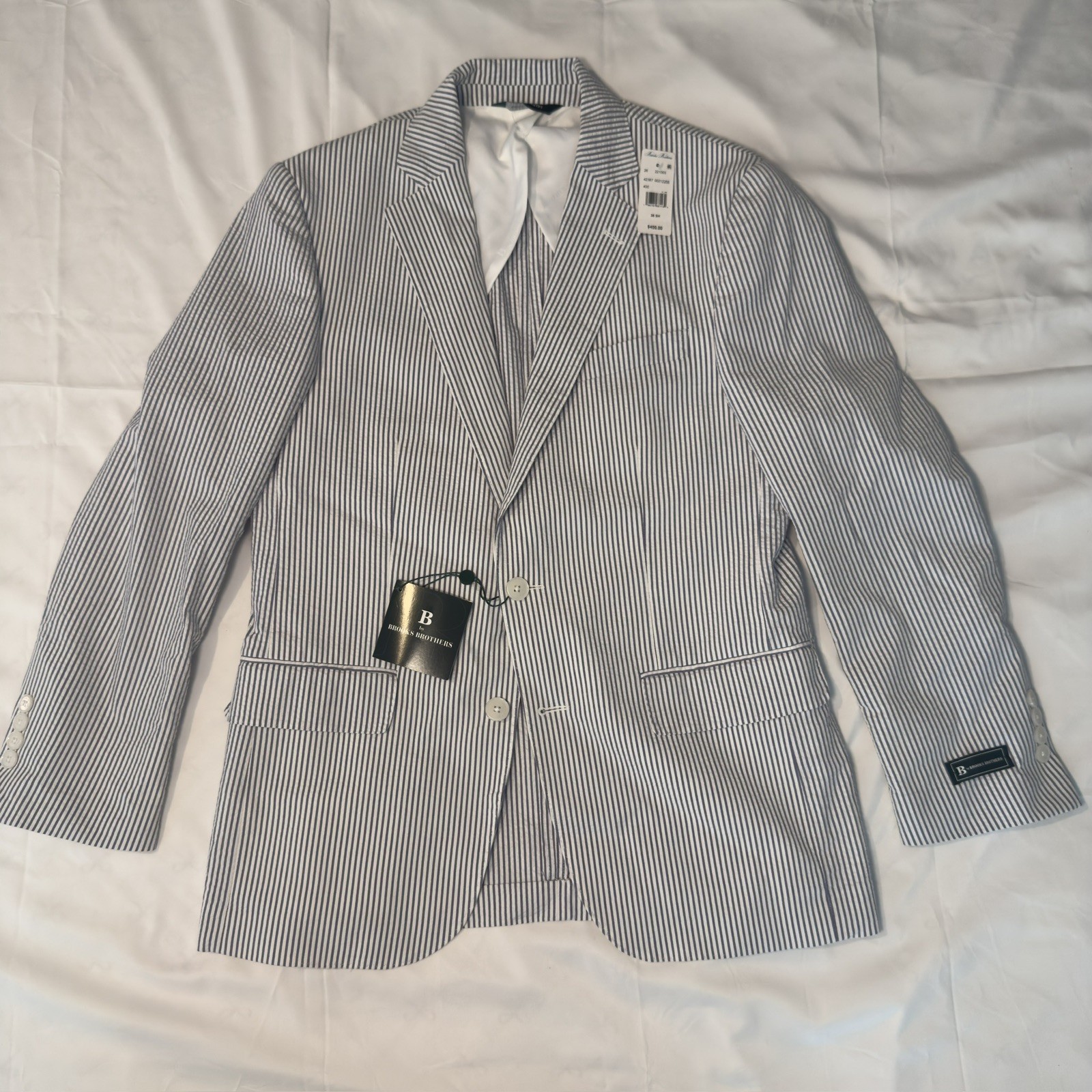 NWT B by BROOKS BROTHERS Seersucker Blazer Sport Coat Blue White Stripe Size 38S