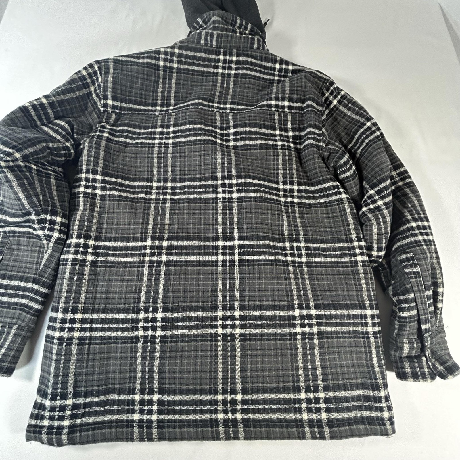 Eddie Bauer Jacket Mens Medium Gray Plaid Quilted Hooded Flannel Lined Coat