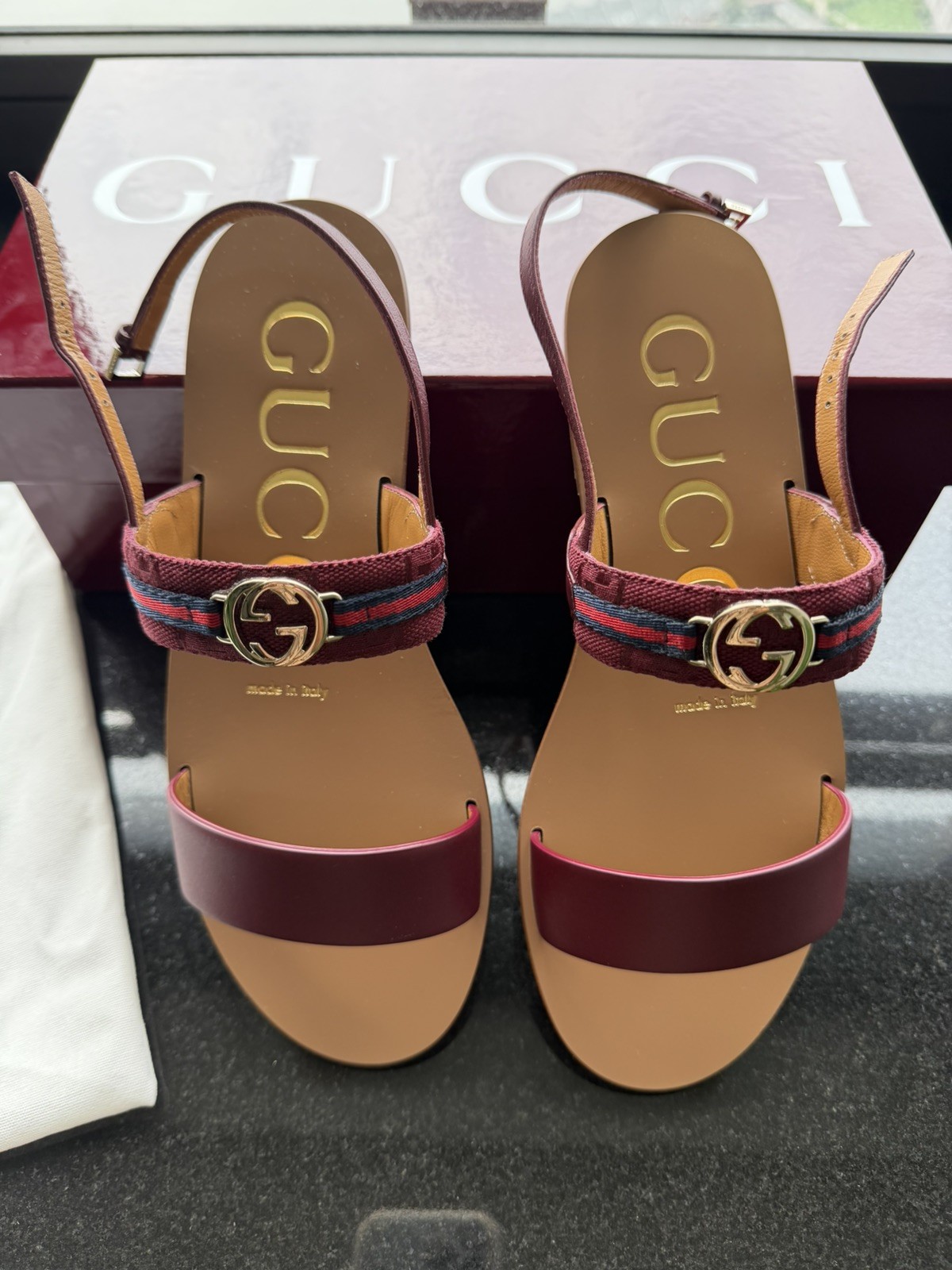 Gucci Interlocking G Web Stripe Sandal in Burgundy