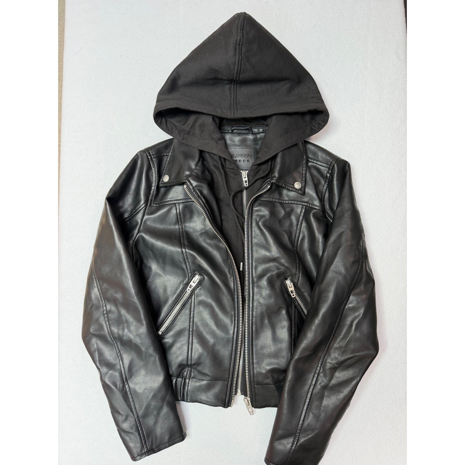 BLANKNYC Women Black Faux Leather Moto Jacket Removable Hood M 24XA5917NO